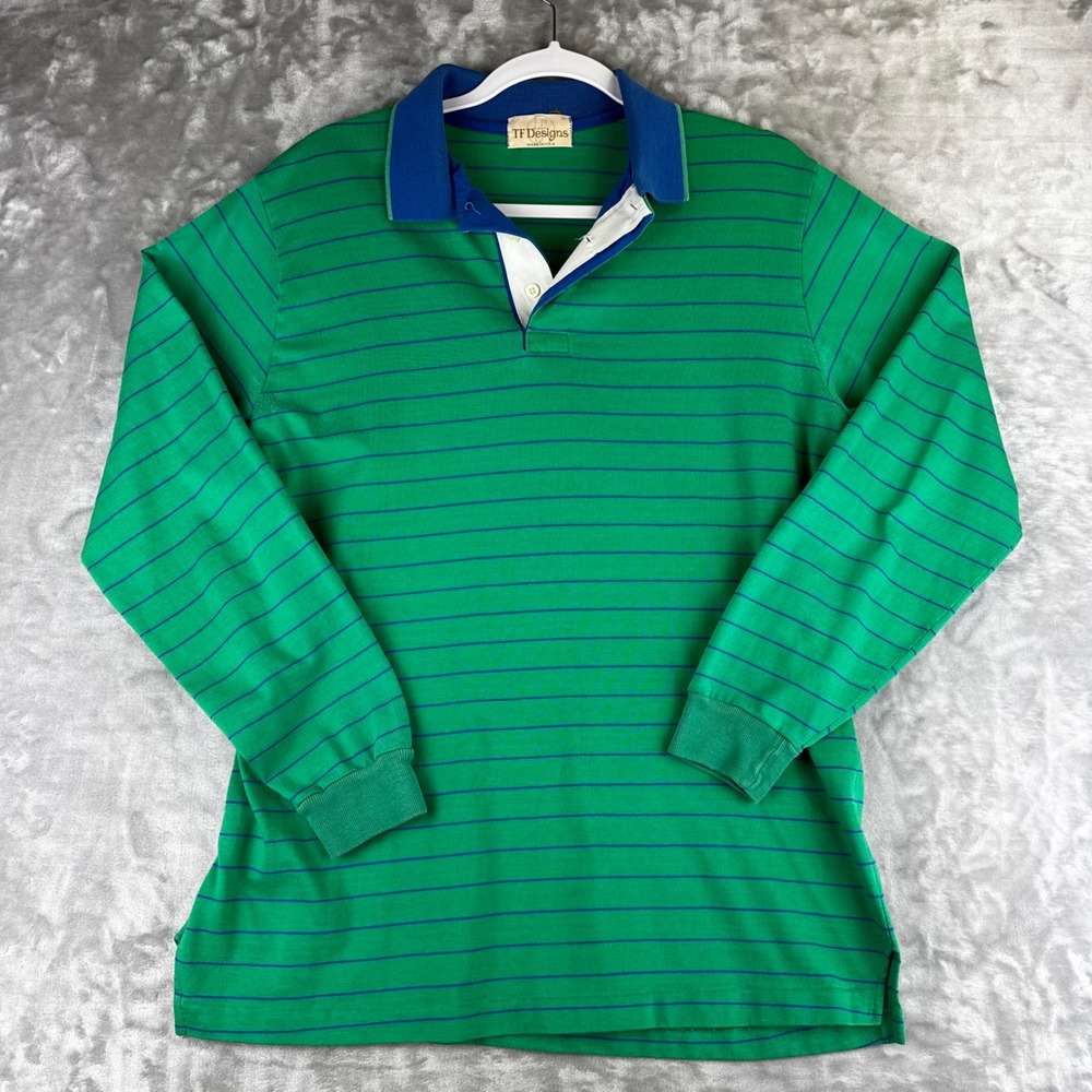 TF Designs Rugby Polo Mens L Green Blue Striped Long Sleeve Cotton USA (1511)